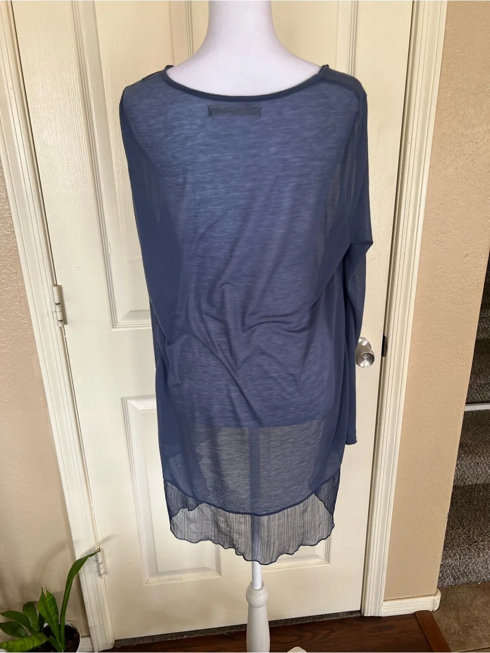 Free People Sheer Hi Low Ruffle Hem Long Sleeve Tunic Top Blue Gray